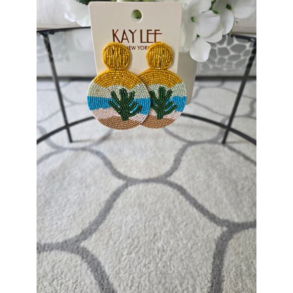 Kay Lee Yellow Beaded Circle Earrings New - Picture 2 of 4